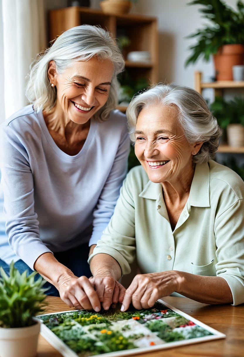 A warm and inviting scene of a caregiver and a senior sitting together in a cozy living room, filled with plants and sunlight, sharing a moment of joy. The caregiver is gently helping the senior with a puzzle, showcasing a connection and laughter. Soft, pastel colors enhance the feeling of comfort and care, with a focus on the smiles of both individuals. super-realistic. vibrant colors. cozy atmosphere.