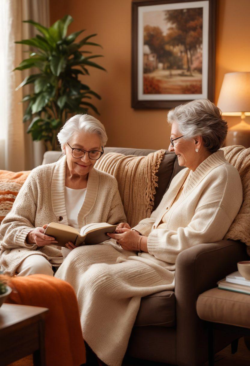 An inviting living room scene featuring a variety of cozy furniture and warm lighting, showcasing an elderly person comfortably reading a book with a friendly caregiver by their side, engaged in conversation. Include personal touches like a knitted blanket, framed family photos, and potted plants to evoke a sense of home and comfort. The color palette should be soft and warm, emphasizing relaxation and companionship. super-realistic. warm tones. soft focus.